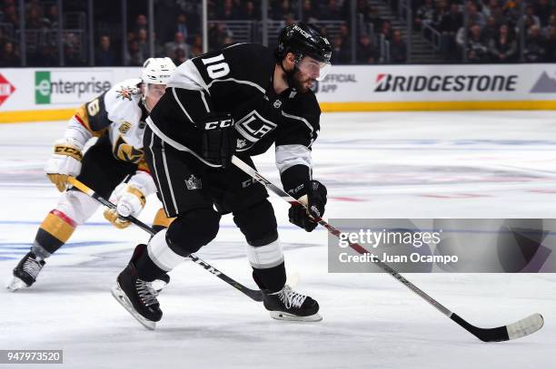 Tobias Rieder of the Los Angeles Kings skates with the puck with pressure from Erik Haula of the Vegas Golden Knights in Game Four of the Western...