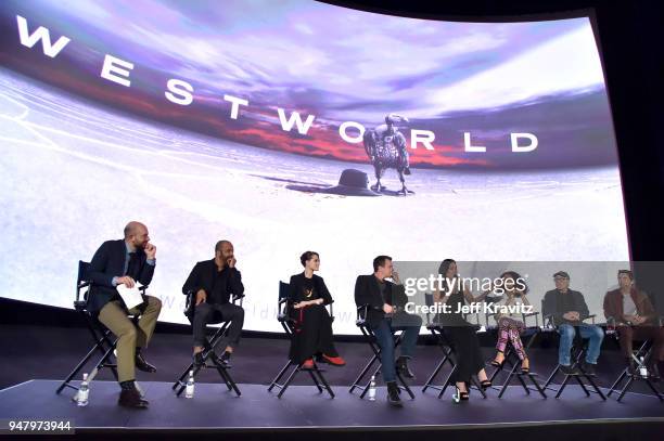 Paul Scheer, Jeffrey Wright, Evan Rachel Wood, Jonathan Nolan, Joy Nolan, Thandie Newton, Ed Harris, and James Marsden attend the FYC Event for HBO's...