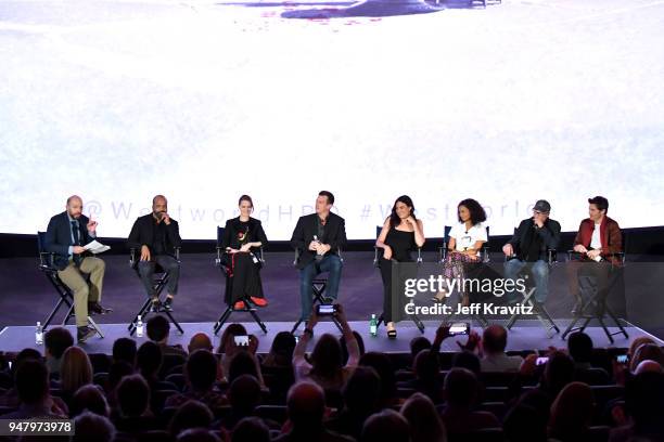 Paul Scheer, Jeffrey Wright, Evan Rachel Wood, Jonathan Nolan, Joy Nolan, Thandie Newton, Ed Harris, and James Marsden attend the FYC Event for HBO's...