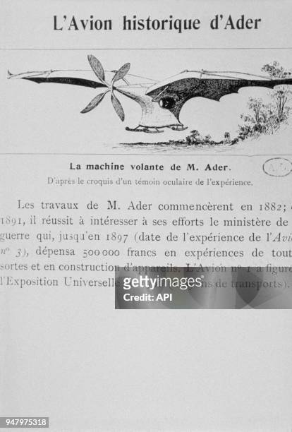 Dessin de l'avion n°1 de Clément Ader, ingénieur et pionner de l'aviation français vers 1890 en France.