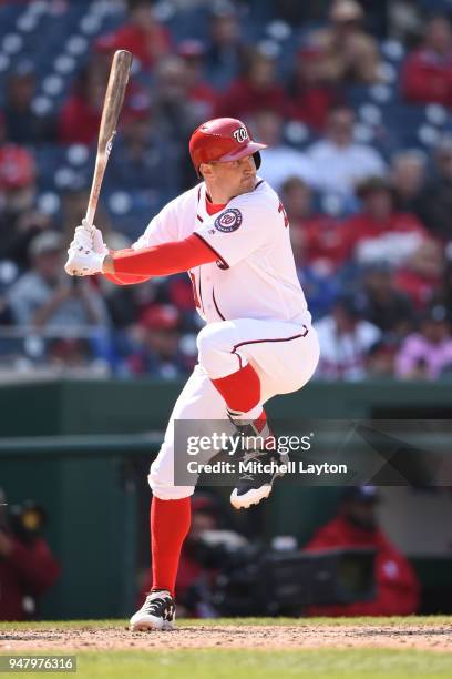 Ryan Zimmerman of the Washington Nationals prepares for a pitch during a baseball game against the Atlanta Braves at Nationals Park on April 11, 2018...