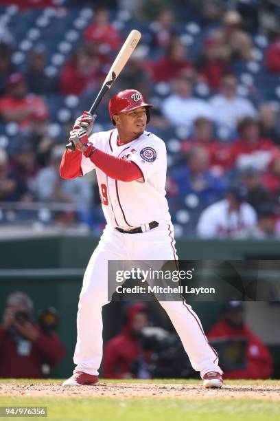 Moises Sierra of the Washington Nationals prepares for a pitch during a baseball game against the Atlanta Braves at Nationals Park on April 11, 2018...