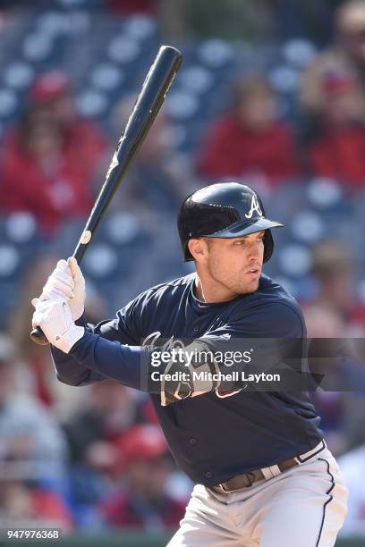 Peter Bourjos of the Atlanta Braves prepares for a pitch during a baseball game against the Washington Nationals at Nationals Park on April 11, 2018...