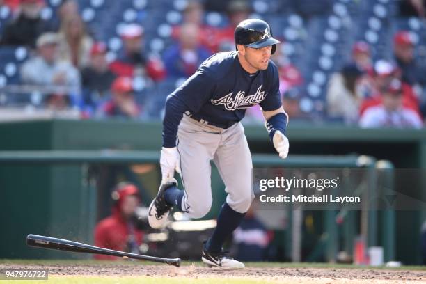 Peter Bourjos of the Atlanta Braves takes a swing during a baseball game against the Washington Nationals at Nationals Park on April 11, 2018 in...