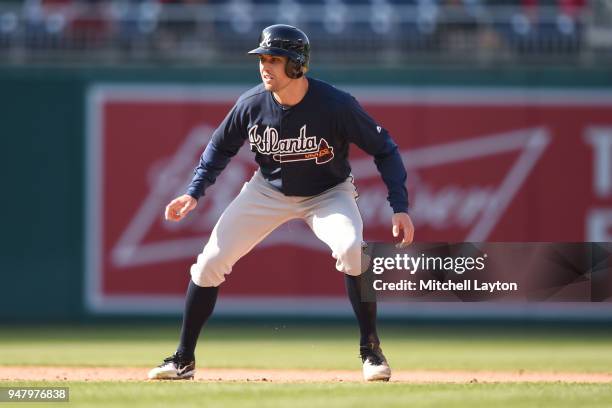 Peter Bourjos of the Atlanta Braves leads off second base during a baseball game against the Washington Nationals at Nationals Park on April 11, 2018...