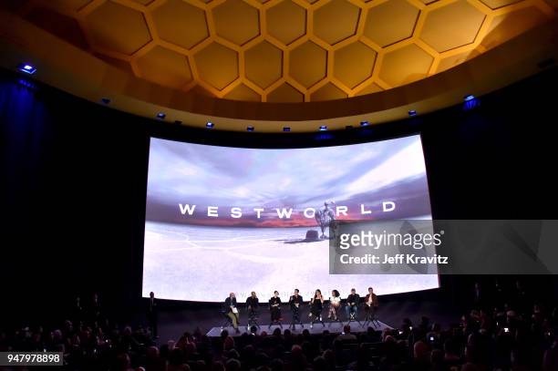 Paul Scheer, Jeffrey Wright, Evan Rachel Wood, Jonathan Nolan, Joy Nolan, Thandie Newton, Ed Harris, and James Marsden attend the FYC Event for HBO's...