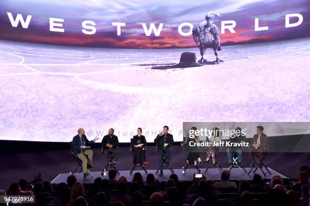 Paul Scheer, Jeffrey Wright, Evan Rachel Wood, Jonathan Nolan, Joy Nolan, Thandie Newton, Ed Harris, and James Marsden attend the FYC Event for HBO's...