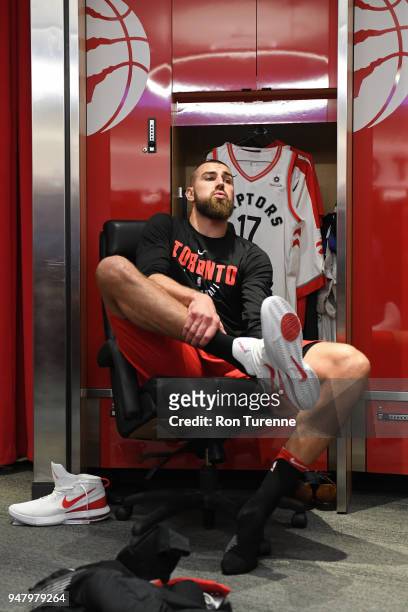 Jonas Valanciunas of the Toronto Raptors seen in the locker room before the game against the Washington Wizards in Game One of Round One of the 2018...