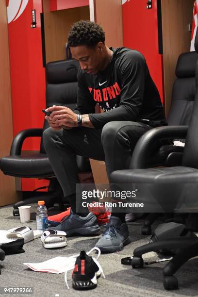 DeMar DeRozan of the Toronto Raptors seen in the locker room before the game against the Washington Wizards in Game One of Round One of the 2018 NBA...