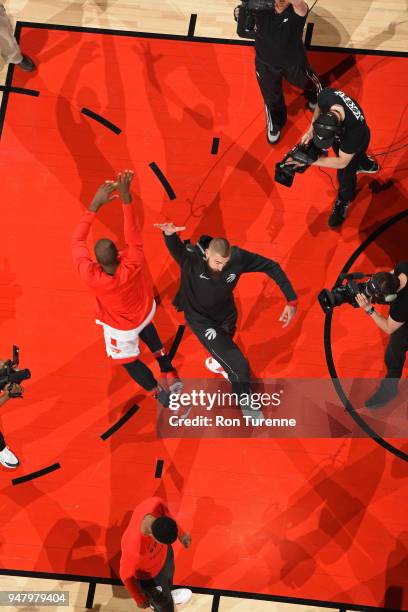 Jonas Valanciunas of the Toronto Raptors seen on the court before the game against the Washington Wizards in Game One of Round One of the 2018 NBA...