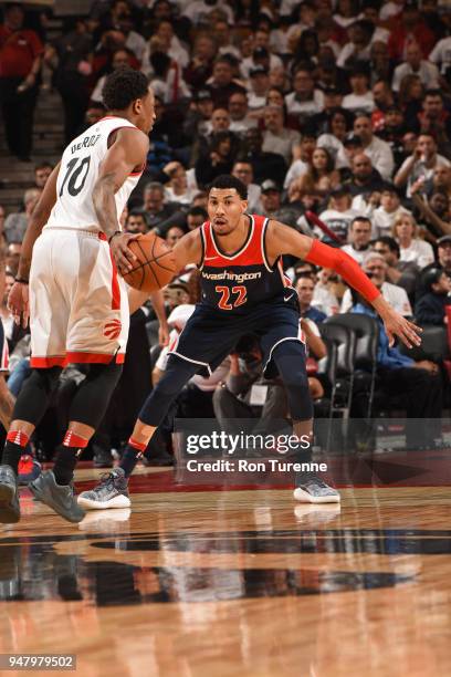 Otto Porter Jr. #22 of the Washington Wizards plays defense against DeMar DeRozan of the Toronto Raptors in Game One of Round One of the 2018 NBA...