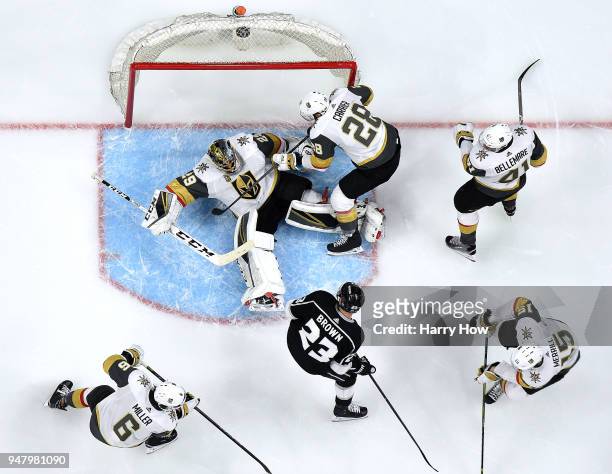 Marc-Andre Fleury of the Vegas Golden Knights stops a shot from Dustin Brown of the Los Angeles Kings during a 1-0 Golden Knights win to sweep the...