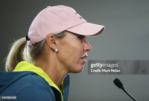 Alicia Molik of Australia talks to the media before a training session ahead of the World Group Play-Off Fed Cup tie between Australia and the...