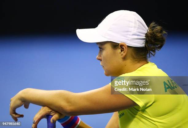 Ashleigh Barty of Australia practices during a training session ahead of the World Group Play-Off Fed Cup tie between Australia and the Netherlands...