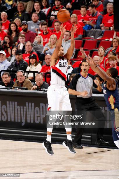 McCollum of the Portland Trail Blazers shoots the ball against the New Orleans Pelicans in Game Two of Round One of the 2018 NBA Playoffs on April...