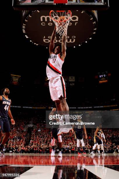 Ed Davis of the Portland Trail Blazers goes to the basket against the New Orleans Pelicans in Game Two of Round One of the 2018 NBA Playoffs on April...