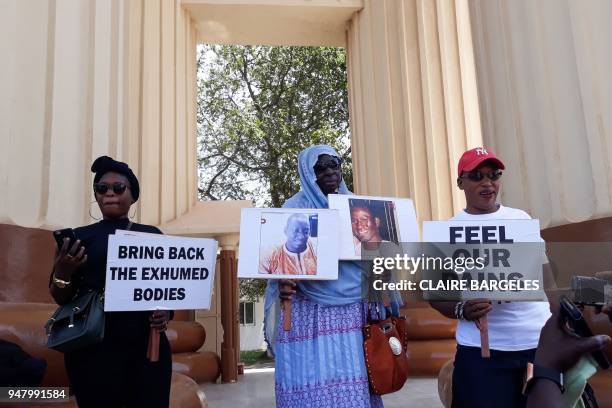 Relatives of victims of the regime of former Gambia President Yahya Jammeh demonstrate in Banjul on April 17, 2018 demanding answers on the state of...