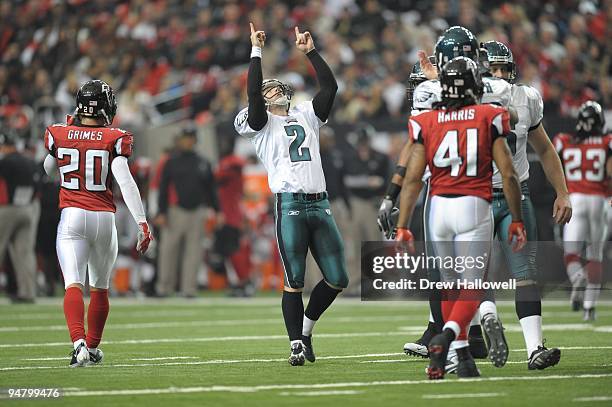 Kicker David Akers of the Philadelphia Eagles celebrates during the game against the Atlanta Falcons on December 6, 2009 at Georgia Dome in Atlanta,...