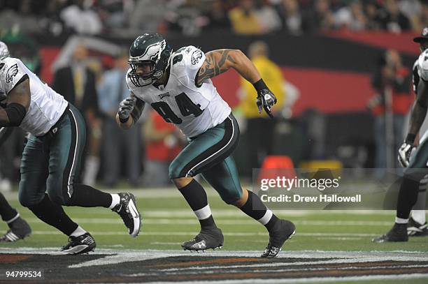 Defensive end Jason Babin of the Philadelphia Eagles comes off the line during the game against the Atlanta Falcons on December 6, 2009 at Georgia...