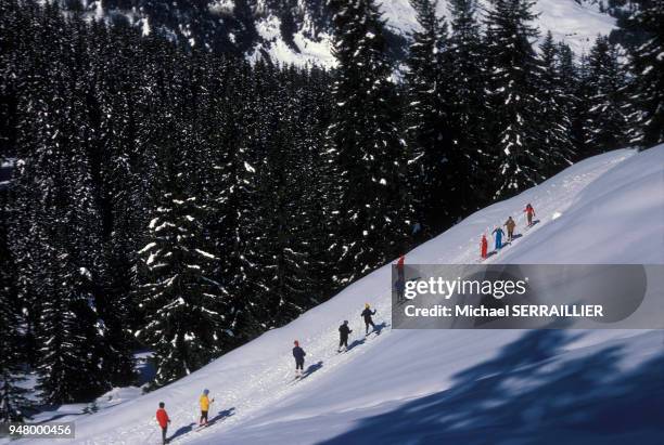 Skieurs sur une piste de ski de fond en France, en avril 1978.