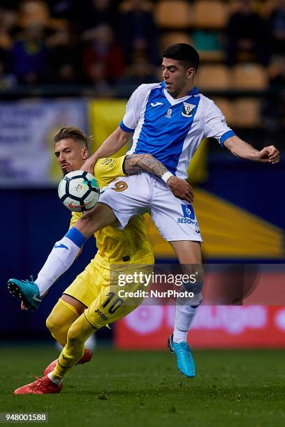 Samuel Castillejo of Villarreal CF competes for the ball with Arribas of CD Leganes during the La Liga game between Villarreal CF and Club Deportivo...