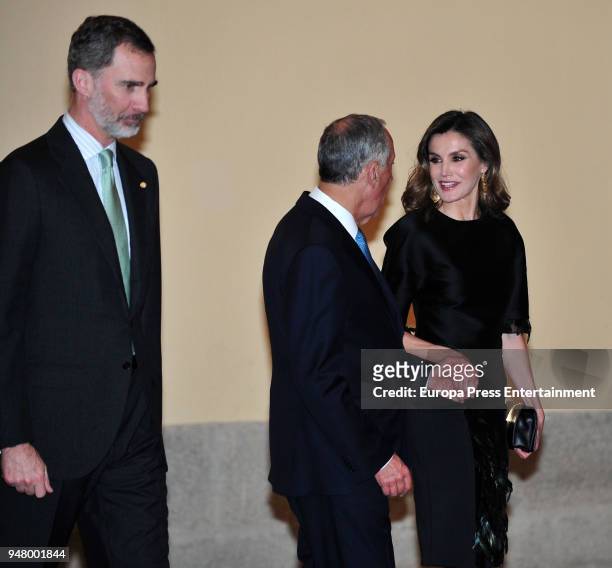 King Felipe of Spain and Queen Letizia of Spain attend the reception offered by Portugal president Marcelo Rebelo de Sousa at El Pardo Palace on...