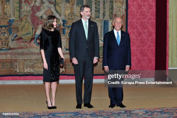 King Felipe of Spain and Queen Letizia of Spain attend the reception offered by Portugal president Marcelo Rebelo de Sousa at El Pardo Palace on...