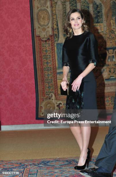 Queen Letizia of Spain attends the reception offered by Portugal president Marcelo Rebelo de Sousa at El Pardo Palace on April 17, 2018 in Madrid,...