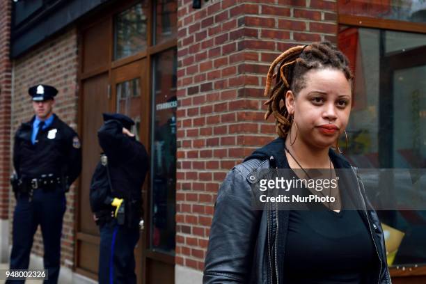 Shani Akilah Robin, one of the estimated fifty that gathered inside the Starbucks near Rittenhouse square in Philadelphia, PA on the morning of April...