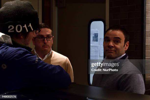 Corporate representatives watch on from the side as estimated fifty protest at a Starbucks location in Center City Philadelphia, PA, USA on April 16,...