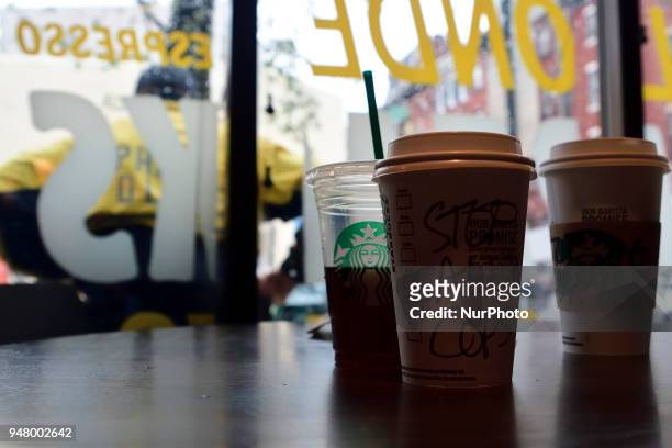 Protesters gather on April 16, 2018 for ongoing protest at the Starbucks location in Center City Philadelphia, PA where days earlier two black men...