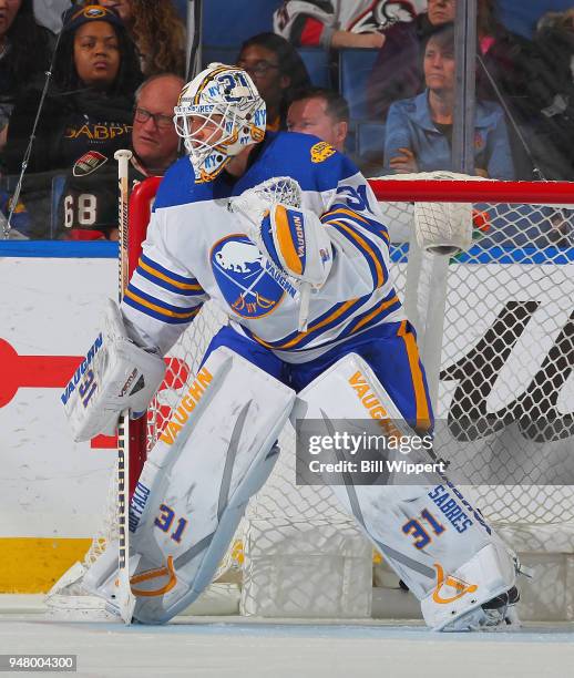 Chad Johnson of the Buffalo Sabres tends goal during an NHL game against the Ottawa Senators on April 4, 2018 at KeyBank Center in Buffalo, New York....