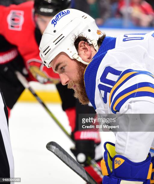 Ryan O'Reilly of the Buffalo Sabres prepares for a faceoff during an NHL game against the Ottawa Senators on April 4, 2018 at KeyBank Center in...