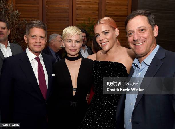 Bob Simonds, Chairman, CEO, STX Entertainment, actors Michelle Williams, Busy Philipps and Adam Fogelson, Chairman, STX Films pose at the after party...