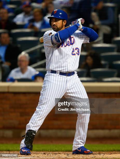 Adrian Gonzalez of the New York Mets in action against the Washington Nationals at Citi Field on April 16, 2018 in the Flushing neighborhood of the...