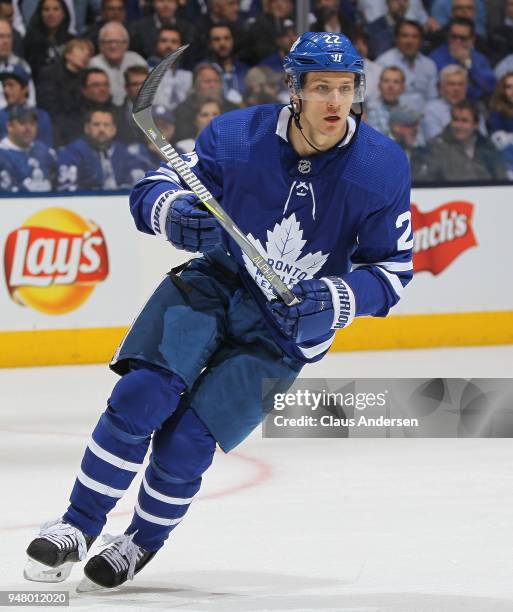 Nikita Zaitsev of the Toronto Maple Leafs skates against the Boston Bruins in Game Three of the Eastern Conference First Round during the 2018...