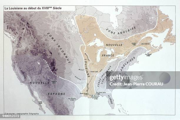 View of a map illustrating the territory of Louisiana at the beginning of the XVIIIth century. This territory, which became a French colony in 1682,...