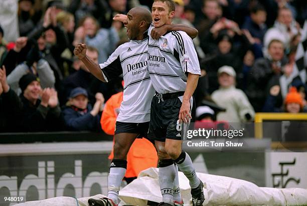 Fulham's Barry Hayles and Lee Clark celebrate during the Nationwide Division One match against Watford played at Craven Cottage in London. Fulham won...