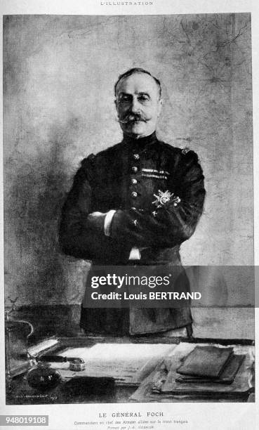 Portrait en 1918 du Général Ferdinand FOCH, alors Commandant en chef des armées alliées sur le front français. Dessin de J.A. MUENIER. Portrait en...