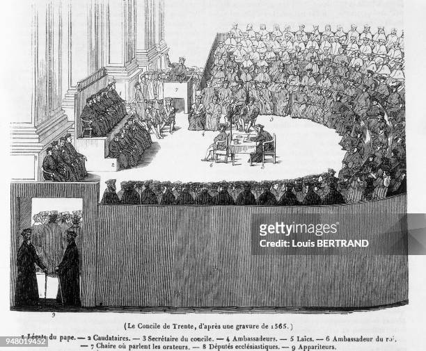 Vue d'ensemble du concile oecuménique convoqué par le pape PAUL III en 1542 et ouvert en 1545 pour entreprendre la réforme de l'Eglise catholique...