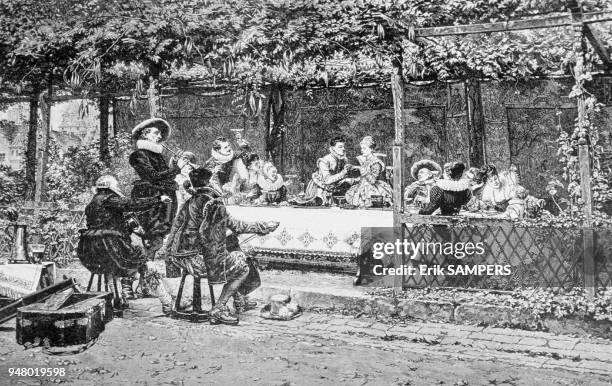 17ème SIECLE EN CHAMPAGNE, engraving representing people celebrating under a trellis. BANQUET DE FIANCAILLES AU 17ème SIECLE EN CHAMPAGNE, gravure...