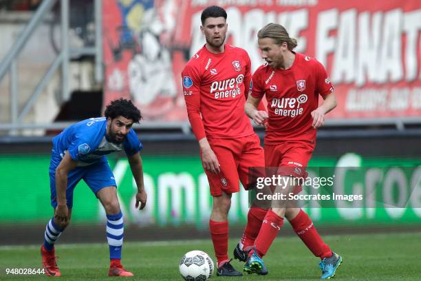 Youness Mokhtar of PEC Zwolle , Danny Holla of FC Twente , Jeroen van der Lely of FC Twente during the Dutch Eredivisie match between Fc Twente v PEC...