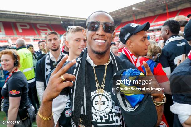 Joshua Brenet of PSV Celebrate the championship during the PSV champions parade at the City of Eindhoven on April 16, 2018 in Eindhoven Netherlands