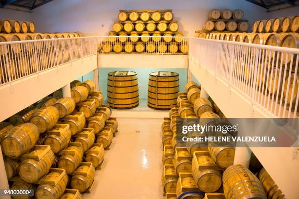 Photo taken on April 12, 2018 shows aging barrels of rum at the Bologne Rum Distillery in Basse-Terre, in the French overseas territory of...