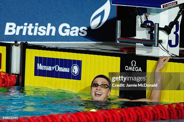 Rebecca Soni of USA celebrates victory in the Women's 200m Breaststroke during Day One of the Duel in the Pool at The Manchester Aquatic Centre on...