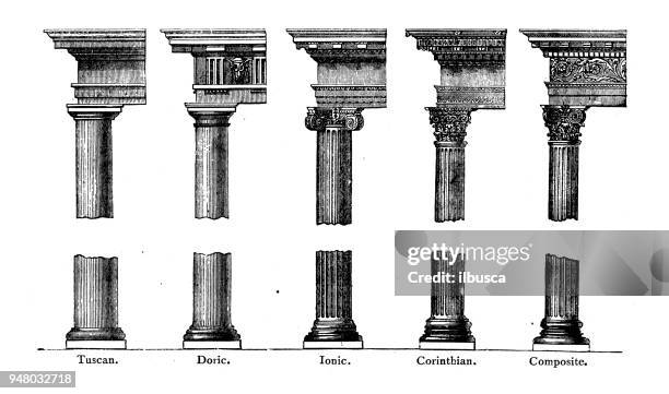 illustrazioni stock, clip art, cartoni animati e icone di tendenza di illustrazione di incisione antica: capi di colonna - ionic