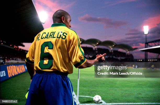 June 1997 Football - Tournoi de France - Brazil v Italy - Roberto Carlos of Brazil prepares to take a corner kick
