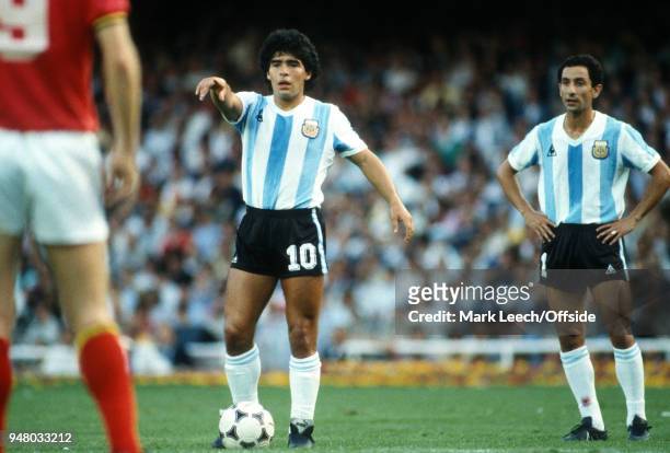 June 1982 Barcelona, FIFA World Cup opening match Argentina v Belgium, Diego Maradona and Osvaldo Ardiles of Argentina preparing to take a free kick