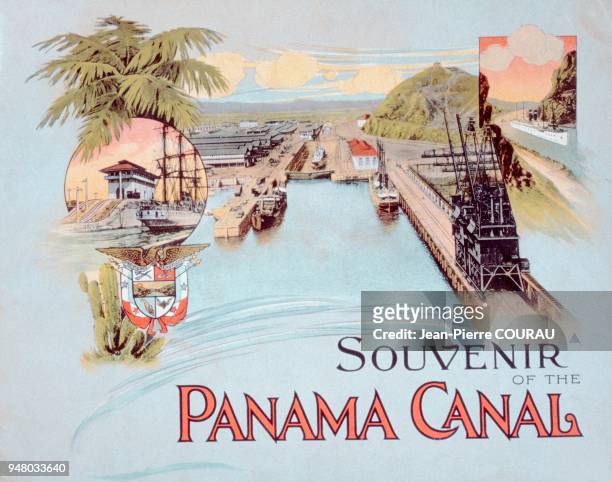 Aménagements et infrastructures portuaires du Canal de Panama lors de son inauguration en 1914. Couverture couleur du livre SOUVENIR OF THE PANAMA...