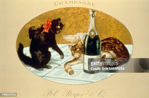 Illustrated card for POL ROGER Champagne, with a painting of two cats, a bottle and two glasses. Reproduction performed in November 1994 within the...